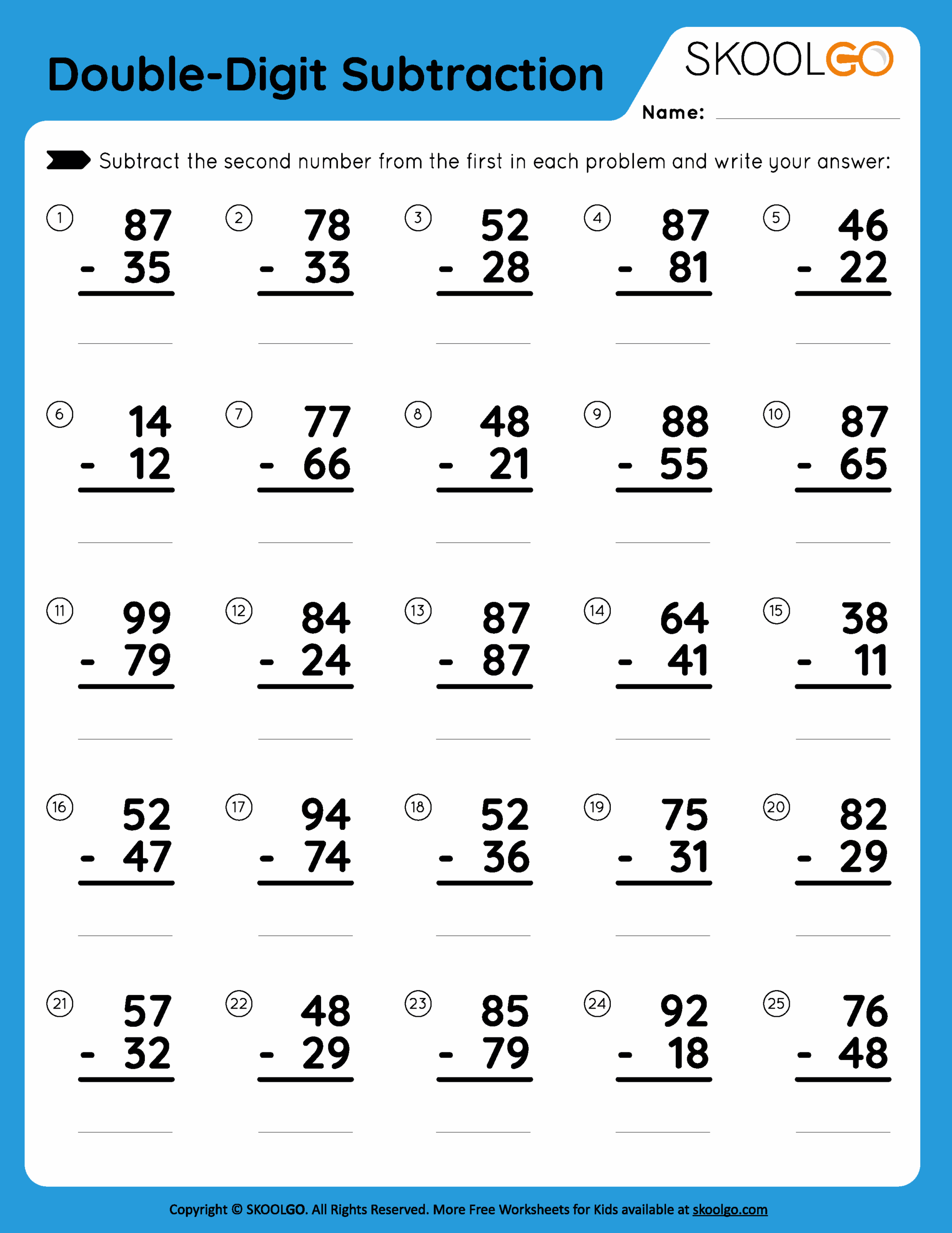 Two Digit Subtraction Worksheet
