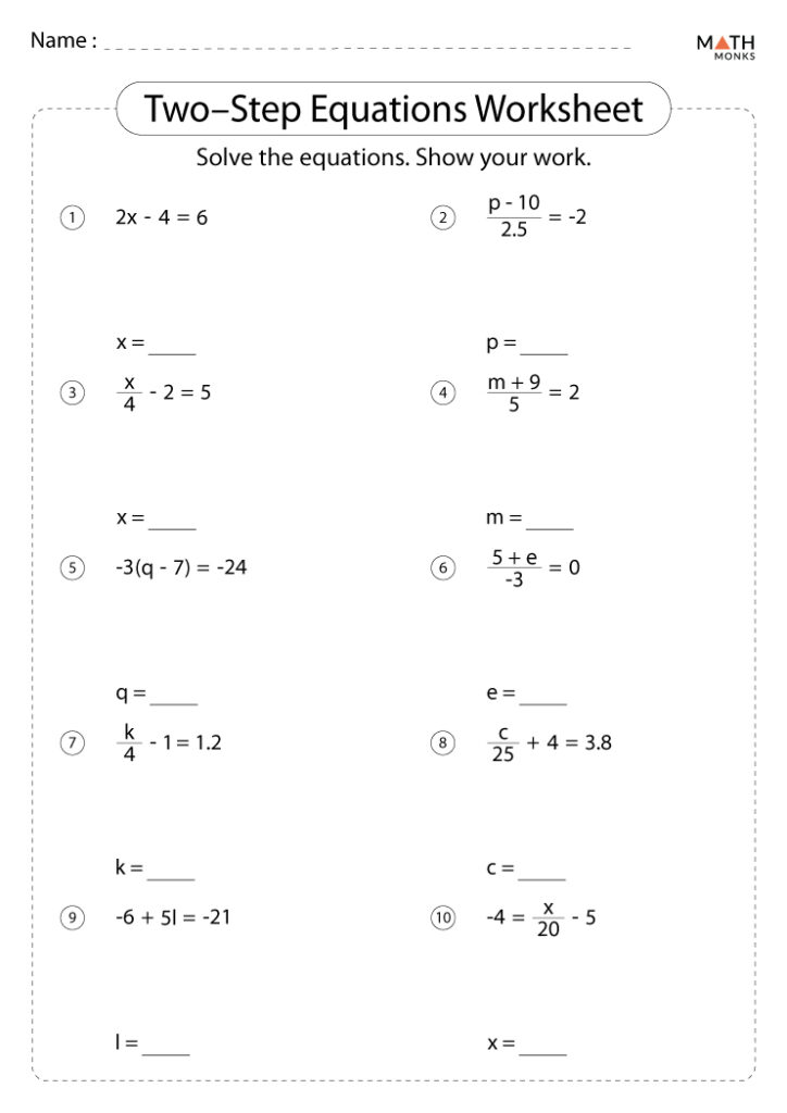Two step Equations Whole Numbers Worksheets