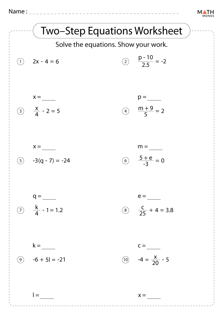 Two step Equations Whole Numbers Worksheets
