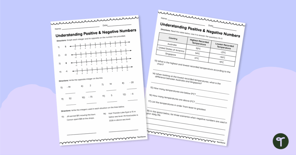 Understanding Positive And Negative Numbers Worksheet Teach Starter