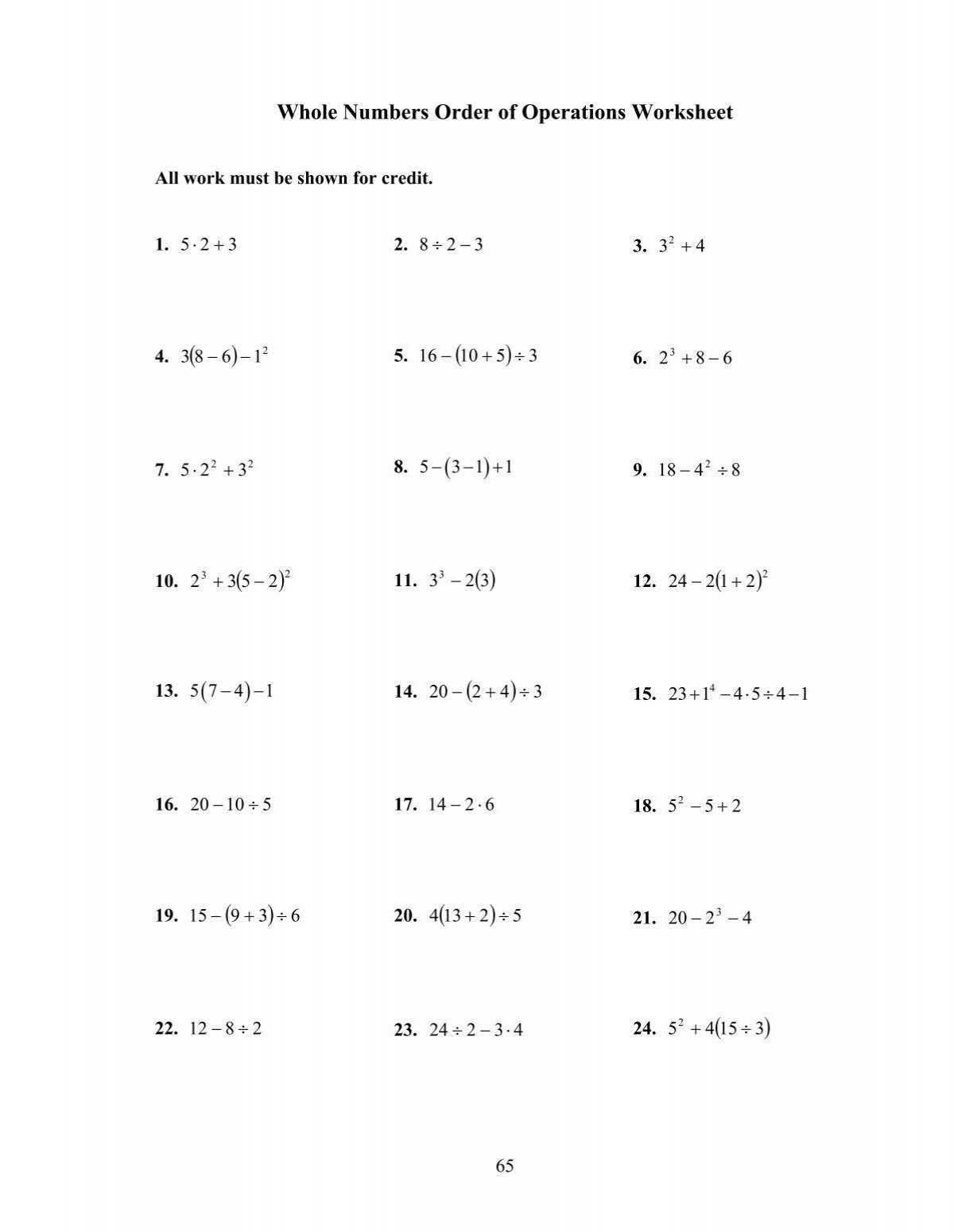 Whole Numbers Order Of Operations Worksheet