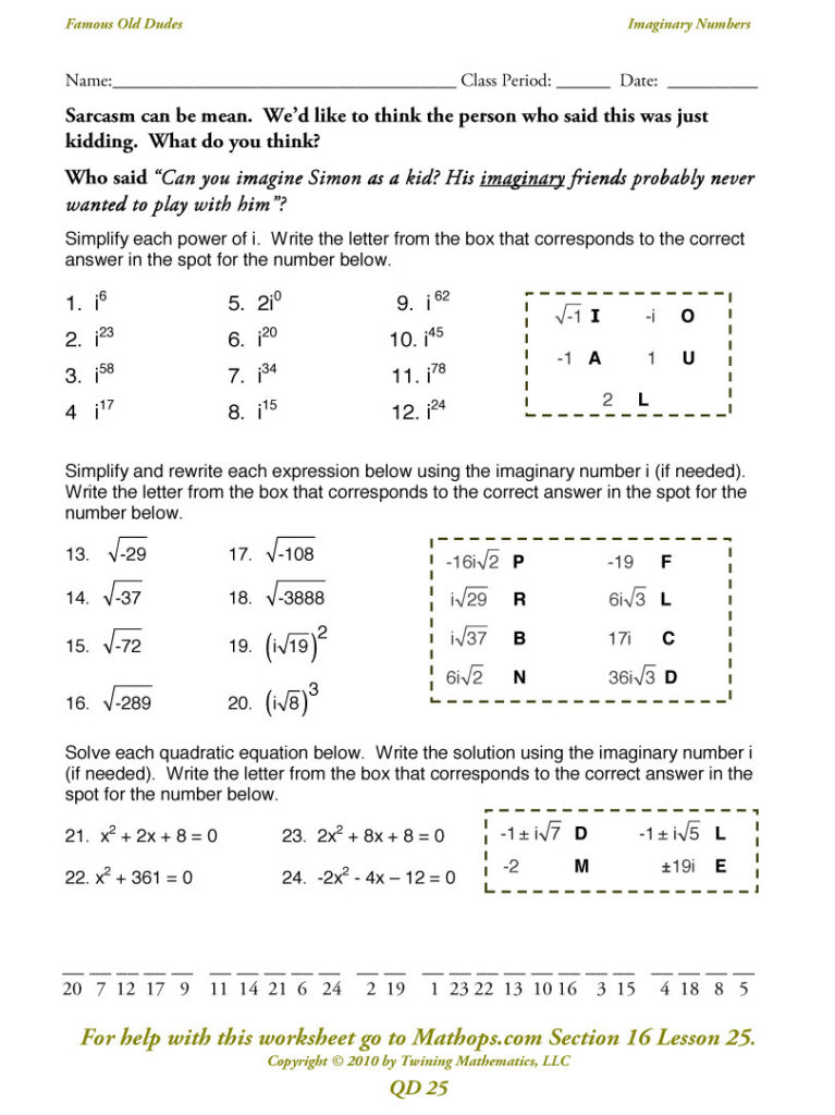 Working With Imaginary Numbers Worksheet