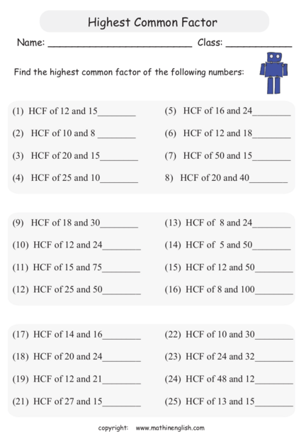 Worksheet On Highest Common Factor