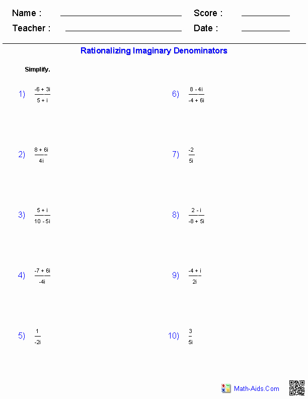Worksheets Complex Numbers
