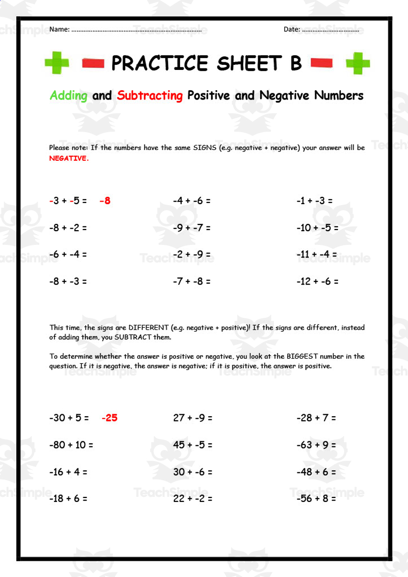 Worksheets Subtracting Negative Numbers Adding Subtracting Negative