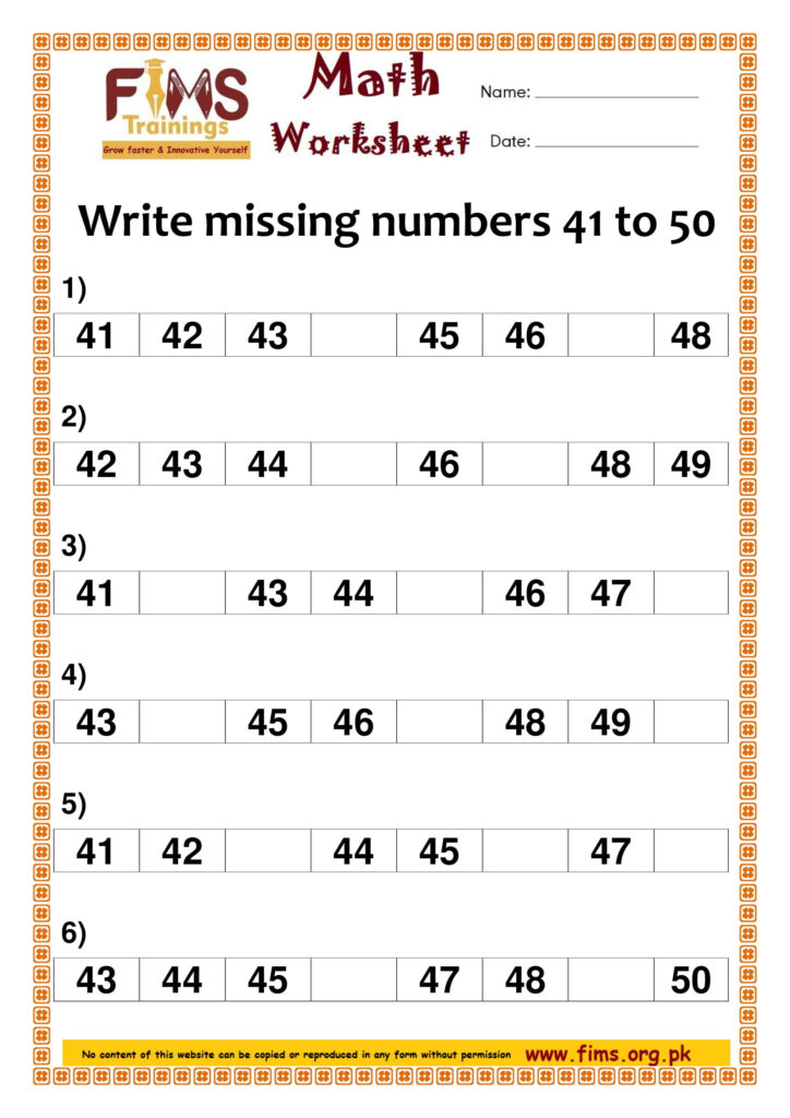 Write Missing Numbers 41 To 50 Free Printable Worksheets Download Pdf