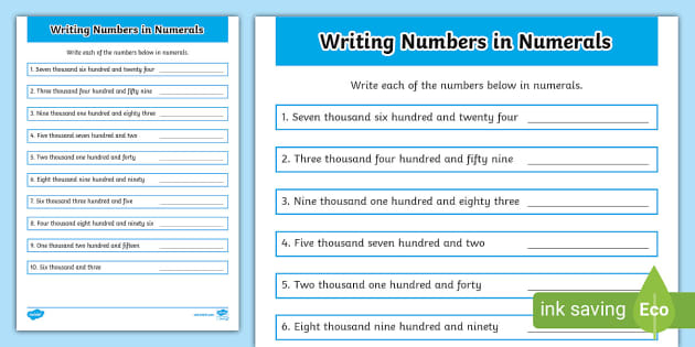 Writing Numbers To 10 000 In Numerals Worksheet